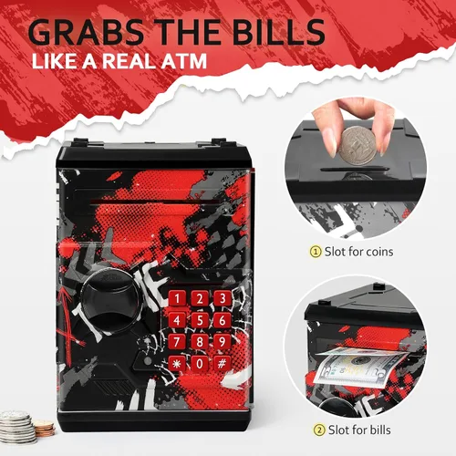 Vista 6 de Alcancía de cajero automático para niños y niñas, Vcertcpl - Mini alcancía de monedas con contraseña, caja de ahorro con agarre automático