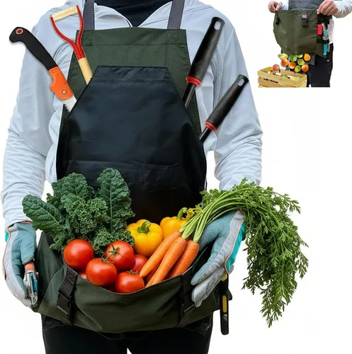 Vista 8 de Delantal de jardinería impermeable con espalda cruzada, delantal extra 600D resistente para cosecha y grandes bolsillos de liberación rápida Negro