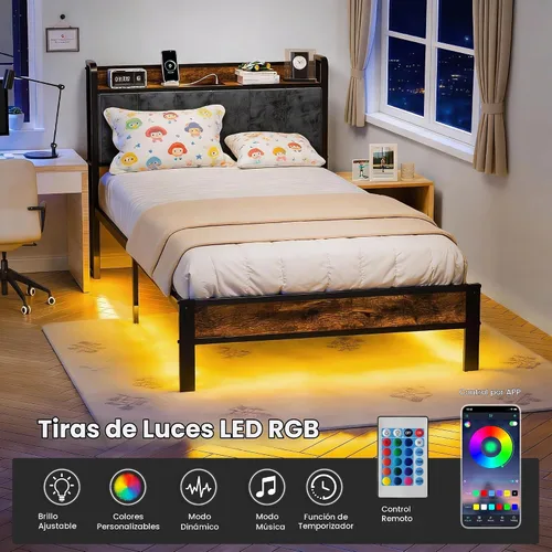 Vista 3 de PROTEA Base de cama de tamaño individual con luces LED y estación de carga, cabecera tapizada con almacenamiento, plataforma resistente con listones