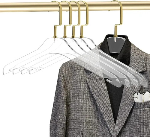 Vista 3 de Perchas de acrílico transparente de calidad, paquete de 5, elegante colgador con ganchos dorados, organizador de armario que ahorra espacio