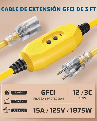 Vista 2 de DEWENWILS - Cable de extensión GFCI de reinicio manual de 3 pies para Cable de extensión de calibre 12/3, 15 A, 125 V, enchufe de 3 clavijas Amarillo