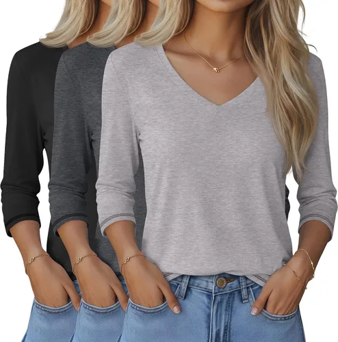 Vista 48 de Ficerd Paquete de 3 camisetas de manga 3/4 para mujer, cuello en V, blusas holgadas, blusas casuales, ropa de moda 2026