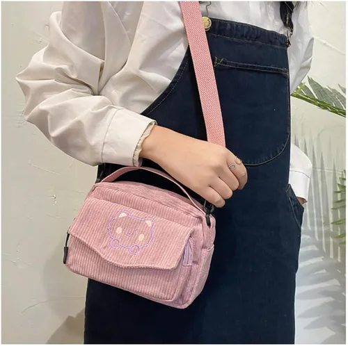 Vista 2 de Lindas bolsas kawaii, carteras estéticas, pequeñas de pana cruzada con llaveros de oso, regalo kawaii para mujeres, adolescentes y niñas