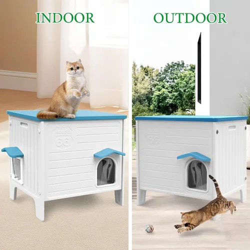 Vista 7 de Deblue Casa de Gatos al Aire Libre Resistente a la Intemperie Grande de Plástico con Puerta de Escape para Gatos Interiores Impermeable Refugio