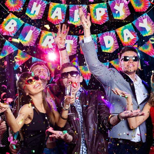 Vista 6 de Tenare 15 banderines de teñido anudado para fiesta de feliz cumpleaños, banderín y temática hippie de los años 60, decoración de remolinos