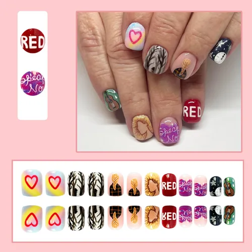 Vista 2 de Uñas cortas a presión con diseños, uñas postizas cuadradas con patrón de cantante, uñas acrílicas brillantes, uñas postizas con diseños, las mejores