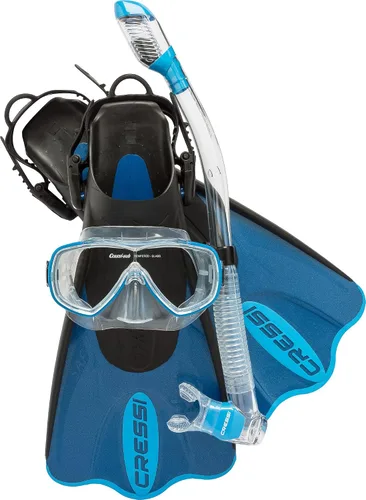 Vista 12 de Cressi Juego de esnórquel de viaje ligero premium para todas las edades, aletas ajustables + máscara de silicona + snorkel seco - Juego Palau SAF