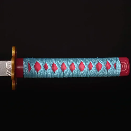 Vista 4 de Espadas Katana de anime de madera para cosplay, espada Samurai Kanroji Mitsuri, espada Demon Slayer, cuchillo rueda solar blanca de 30 pulgadas