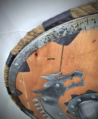 Vista 7 de Carfar Artesanías medievales vikingos hechos a mano 24 pulgadas tamaño completo madera y acero suave escudo guerrero armadura batalla listo diseño