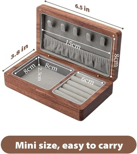 Vista 5 de Joyero de madera pequeño, joyero de madera de nogal delicado, regalo ideal para hombres y mujeres, organizador de joyas de viaje portátil