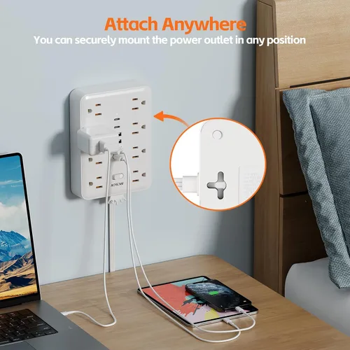 Vista 6 de Tira de alimentación ultra delgada con protector de sobrecarga y sobretensión, enchufe de pared plano con 8 tomas de CA y 6 USB (2 USB C)