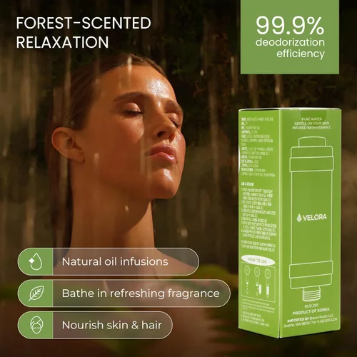Vista 2 de VELORA Filtro de ducha con vitamina C – Filtro de agua de ducha de aromaterapia con aroma a bosque y suavizante – Accesorio universal para cabezal