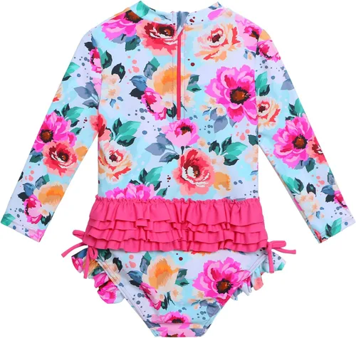 Vista 2 de XFGIRLS Traje de baño de manga larga para bebéniña, traje de baño de una sola pieza, protección contra erupciones para niños, UPF 50+
