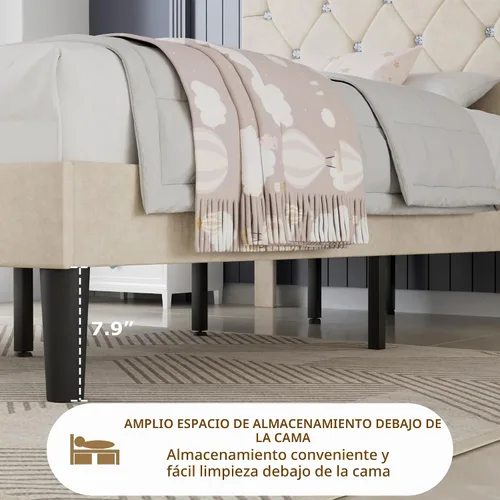 Vista 8 de VECELO Base de cama tamaño individual con plataforma tapizada con cabecera ajustable de botones de diamante, soporte de listones de madera,