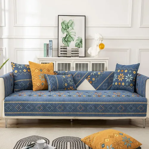 Vista 2 de Funda de sofá de chenilla para sofá modular, diseño geométrico bohemio y jacquard antideslizante, protector de muebles para niños, perros y Azul