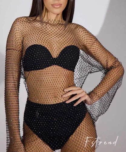 Vista 3 de Fstrend Cadenas de cuerpo de malla de cristal Rhinestone Fishnet Black Crop Top manga larga ver a través del bikini