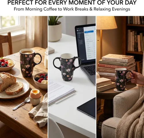Vista 3 de Taza de café de cerámica de 17 onzas con tapa y asa, taza de viaje floral púrpura, apta para microondas y lavavajillas, taza de café grande con caja