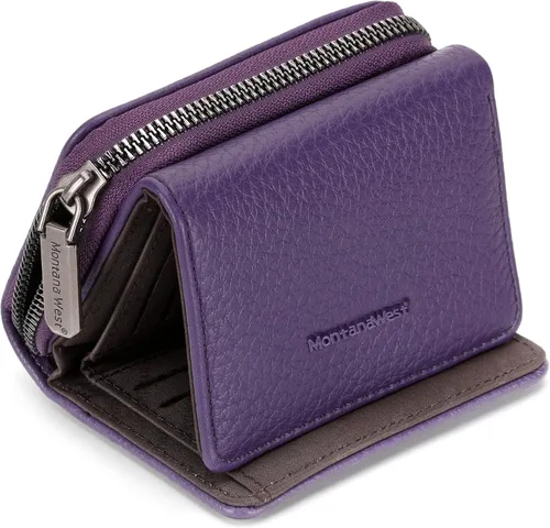Vista 23 de Montana West Billetera pequeña para mujer, de piel auténtica, triple pliegue, tarjetero Rfid con cremallera y bolsillo para monedas, Un negro, Casual