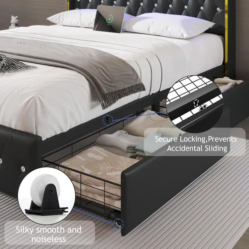 Vista 5 de E-Motie Base de cama tamaño completo con cabecera tipo wingback, plataforma tapizada con luces LED RGB, estación de carga, 4 cajones