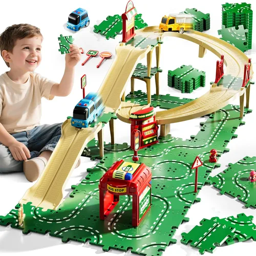 Vista 13 de Puzzle Racer - Juego de pistas de autos para niños, pistas de carreras de 4 niveles para niños de 3 a 5 años con 3 autos, piezas de tráfico