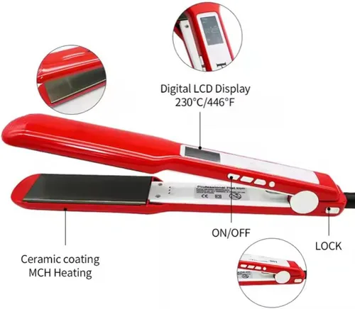 Vista 2 de Plancha de pelo ancho de nano-titanio con pantalla LCD, temperatura ajustable, conveniente (rojo)