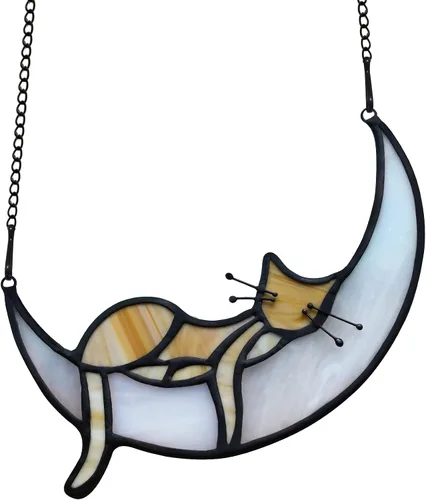 Vista 10 de BOXCASA Atrapasoles de Vidrio Emplomado Hecho a Mano de Gato Gris en Luna - Colgante Decorativo para Ventana para Amantes de los Gatos, Día
