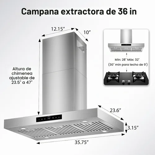 Vista 2 de Campana extractora de isla de 36 pulgadas, montaje en techo de 1200 CFM con detección de gestos de 4 velocidades y control táctil, campana