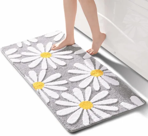 Vista 18 de QJHOMO Alfombra de baño beige con diseño de margaritas, decoración de flores blancas y amarillas, alfombra antideslizante de microfibra, súper