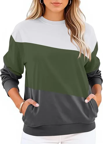 Vista 2 de Sudadera para mujer, casual, cuello redondo, manga larga, bloque de color, suave, holgada, con bolsillo, S-2XL