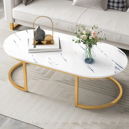 Vista 3 de LITFAD Mesa de centro moderna ovalada de mármol sintético con marco de metal dorado, mesa de sala de estar con estante mesa de cóctel, estantes