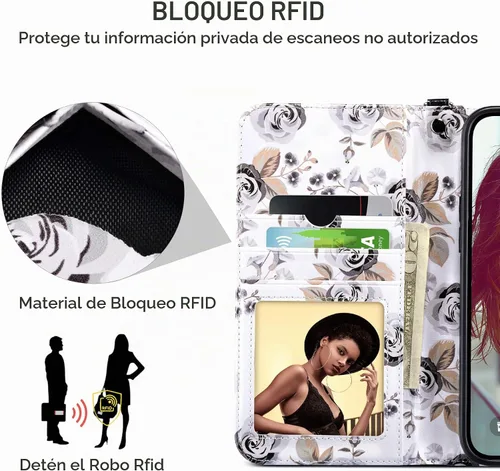 Vista 8 de ULAK Funda tipo cartera compatible con iPhone 15 Pro con tarjetero y diseño de flores, para mujeres y niñas, piel sintética, con función atril