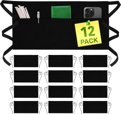 Vista 9 de GREEN LIFESTYLE Paquete de 3 delantales de servidor con 3 bolsillos - Delantal de cintura, delantal de camarera para mujeres y hombres, resistente