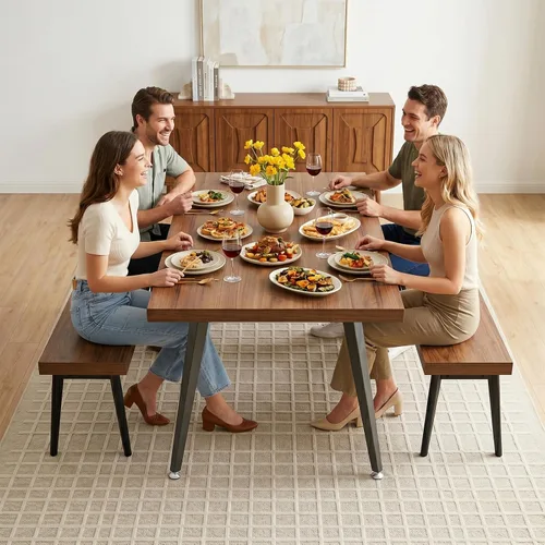 Vista 39 de ZckyCine Conjunto moderno de mesa de comedor de 5 piezas con mesa rectangular de madera y 4 sillas tapizadas en cuero, capacidad para 4 personas