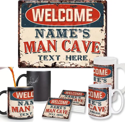 Vista 2 de WELCOME MILO’S MAN CAVE MY CAVE MY RULES Custom Personalized Chic Sign Rustic Vintage Style Coaster Mugs Retro Kitchen Bar Pub Coffee Shop Home