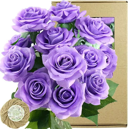 Vista 30 de FiveSeasonStuff 12 tallos de flores artificiales azul hielo, rosas de seda de tacto real para decoración de boda, en caja de regalo Azul helado
