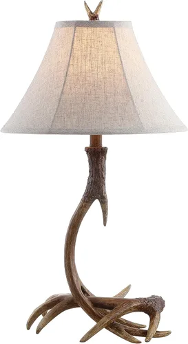 Vista 9 de JONATHAN Y Lámpara de mesa de resina rústica beige de 27.5 pulgadas para sala de estar, dormitorio, pantalla de lino gris claro, lámpara de mesita