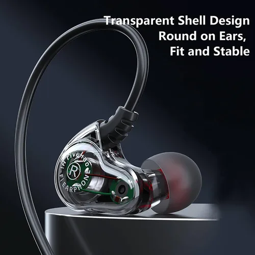 Vista 10 de Auriculares con cable de doble controlador de 0.138 in, auriculares enchufables Extra bass earbuds, wrap around over ear, hifi, microphone, hook