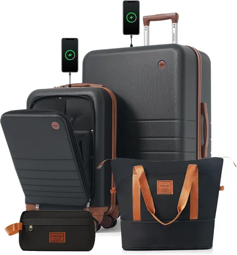 Vista 120 de Merax 3 piezas expandible ABS Hardshell equipaje Sets Spinner Wheel Maleta TSA Lock Suit Case, Apertura frontal negra, Juego de 2 piezas, Maleta