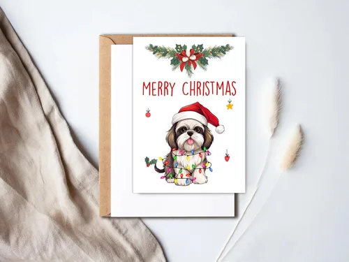 Vista 2 de Shih Tzu Dog - Tarjeta de felicitación de Feliz Navidad, Tarjeta de Feliz Navidad, Tarjeta Shih Tzu, linda tarjeta de Navidad para perros, adorable