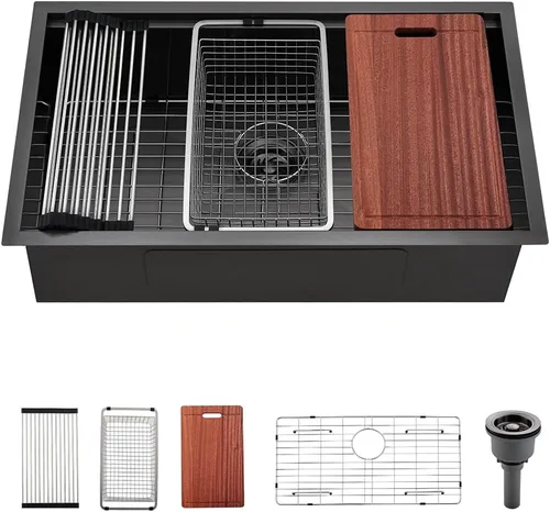 Vista 11 de Fregadero de cocina de montaje inferior negro 27 x 19 x 10 pulgadas, fregadero de acero inoxidable negro calibre 16, estación de trabajo debajo