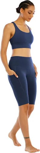 Vista 6 de WHOUARE Paquete de 4 pantalones cortos de yoga con bolsillos para mujer, cintura alta, atléticos, correr, entrenamiento, gimnasio, control de abdomen