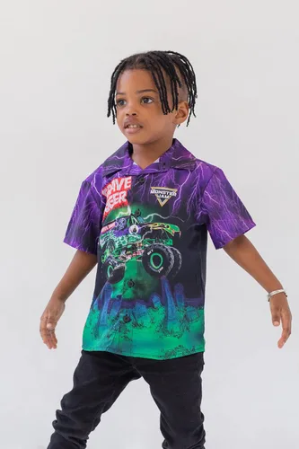 Vista 2 de Monster Jam Trucks Grave Digger - Camisa hawaiana de manga corta con botones para niños