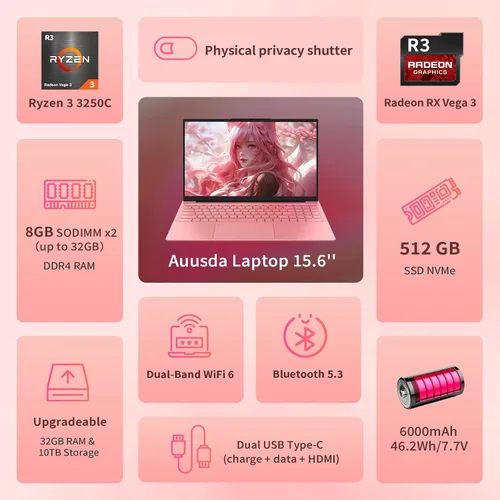 Vista 2 de Auusda Computadora portátil tradicional 2026 para estudiantes y trabajo, 15.6 pulgadas, procesador Ryzen 3 3250C, WiFi 6, BT 5.3, teclado