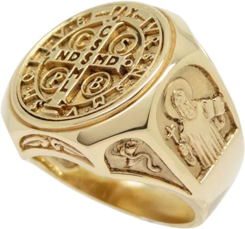 Vista 5 de Anillo de hombre San Benito de Oro Sólido Cristiano Católico
