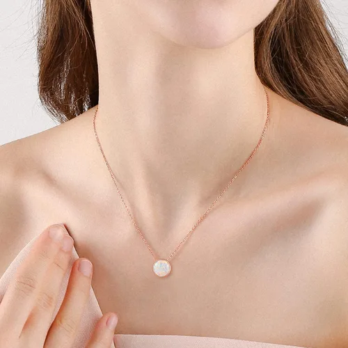 Vista 5 de TANGPOET Collar de ópalo de 0.315 in de plata de ley, delicado collar con colgante redondo, regalo de joyería de ópalo para mujeres, adolescentes