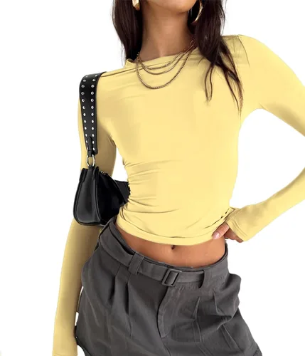 Vista 15 de Blusa corta básica casual para mujer, ajustada, manga larga, cuello redondo, color sólido, para otoño, camiseta ajustada Albaricoque