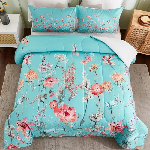 Vista 3 de Juego de edredón de cama tamaño Queen con estampado floral, color azul verdoso, juego de ropa de cama de estilo rústico francés, juego de edredón