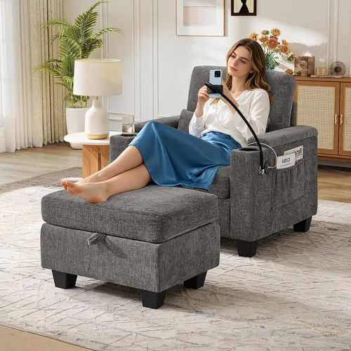 Vista 17 de Chaise Lounge Chair para interiores con puerto USB y soporte para teléfono, sillón reclinable pequeño de felpilla con otomana de almacenamiento