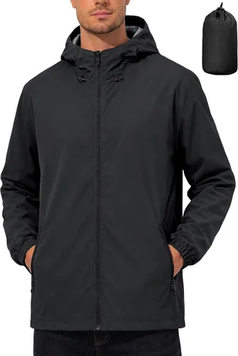 Vista 9 de UIQUR Chaqueta impermeable para hombre, ligera, rompevientos, impermeable, ciclismo, correr, senderismo, equipamiento con capucha plegable
