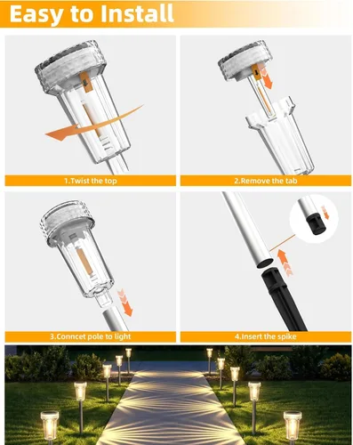 Vista 6 de DERAYSION Luces solares para exteriores, paquete de 8 luces impermeables para caminos de jardín, iluminación con poste de acero inoxidable